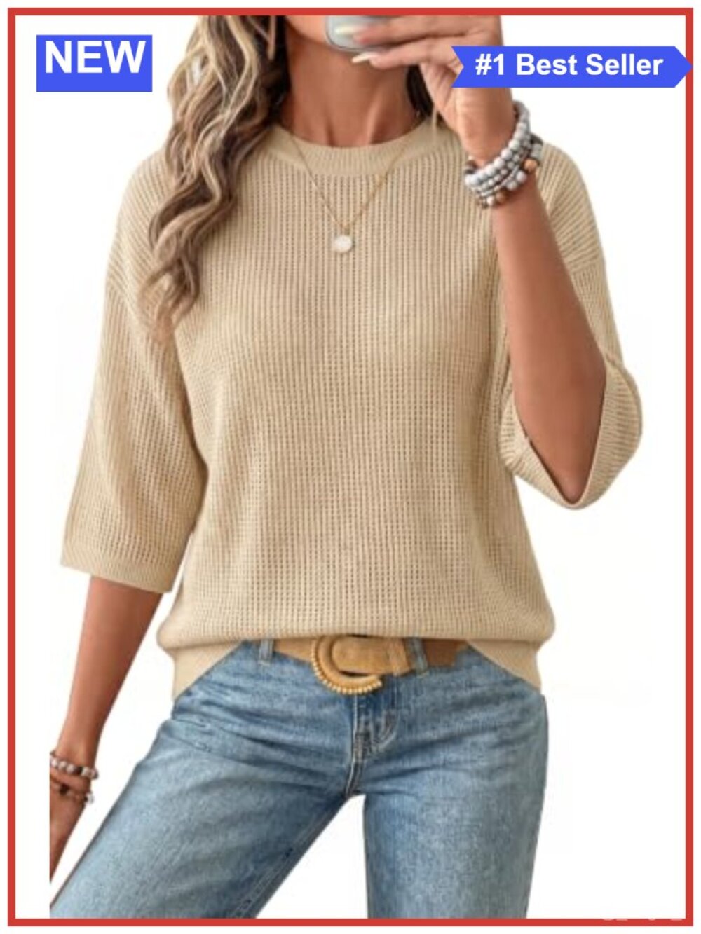 Oversized 3/4 Sleeve Crochet Sweater Women Casual Pullover